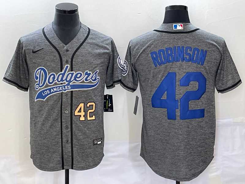 Mens Los Angeles Dodgers #42 Jackie Robinson Number Grey Gridiron Cool Base Stitched Baseball Jersey